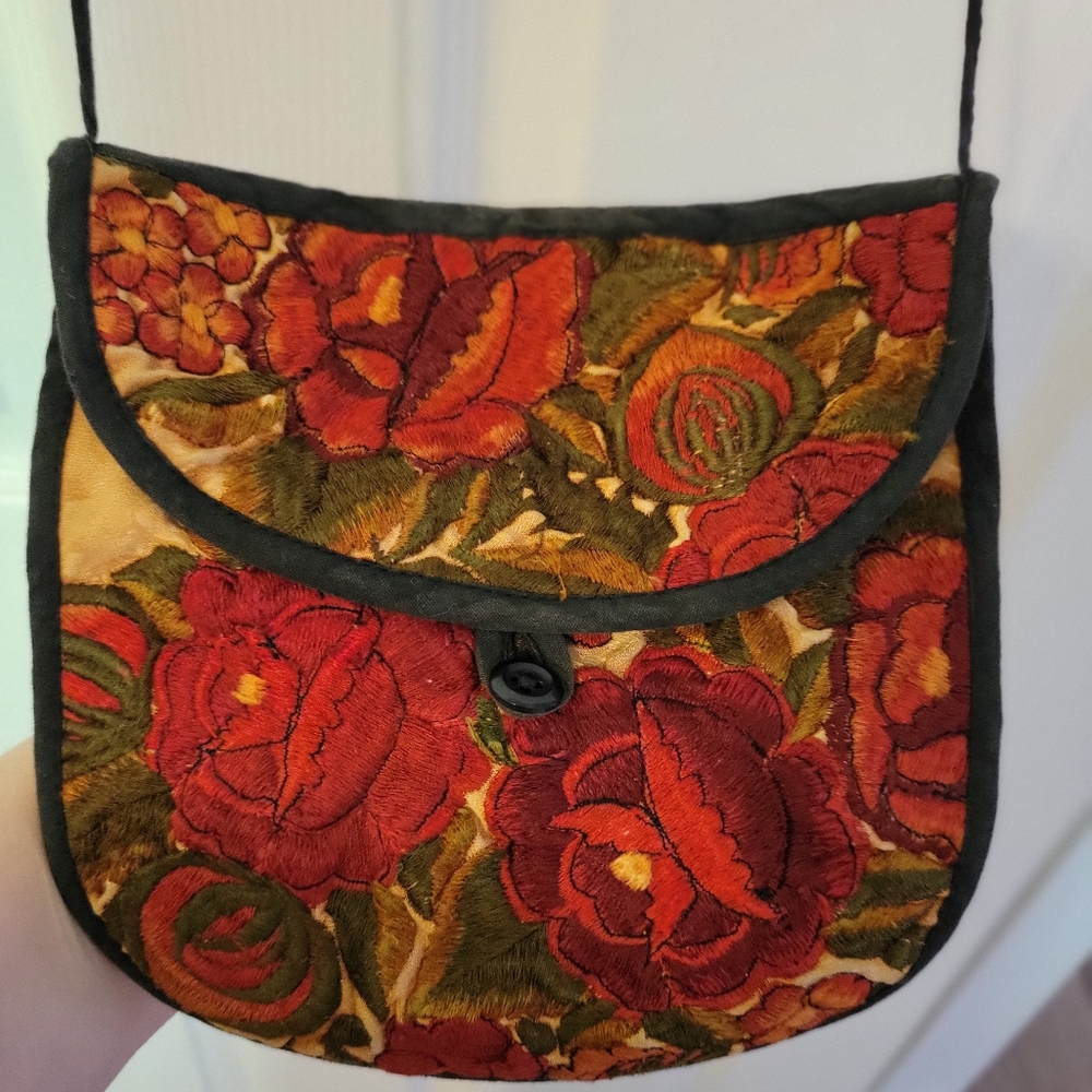 Red and Green Floral Crossbody Bag with Glossy Finish